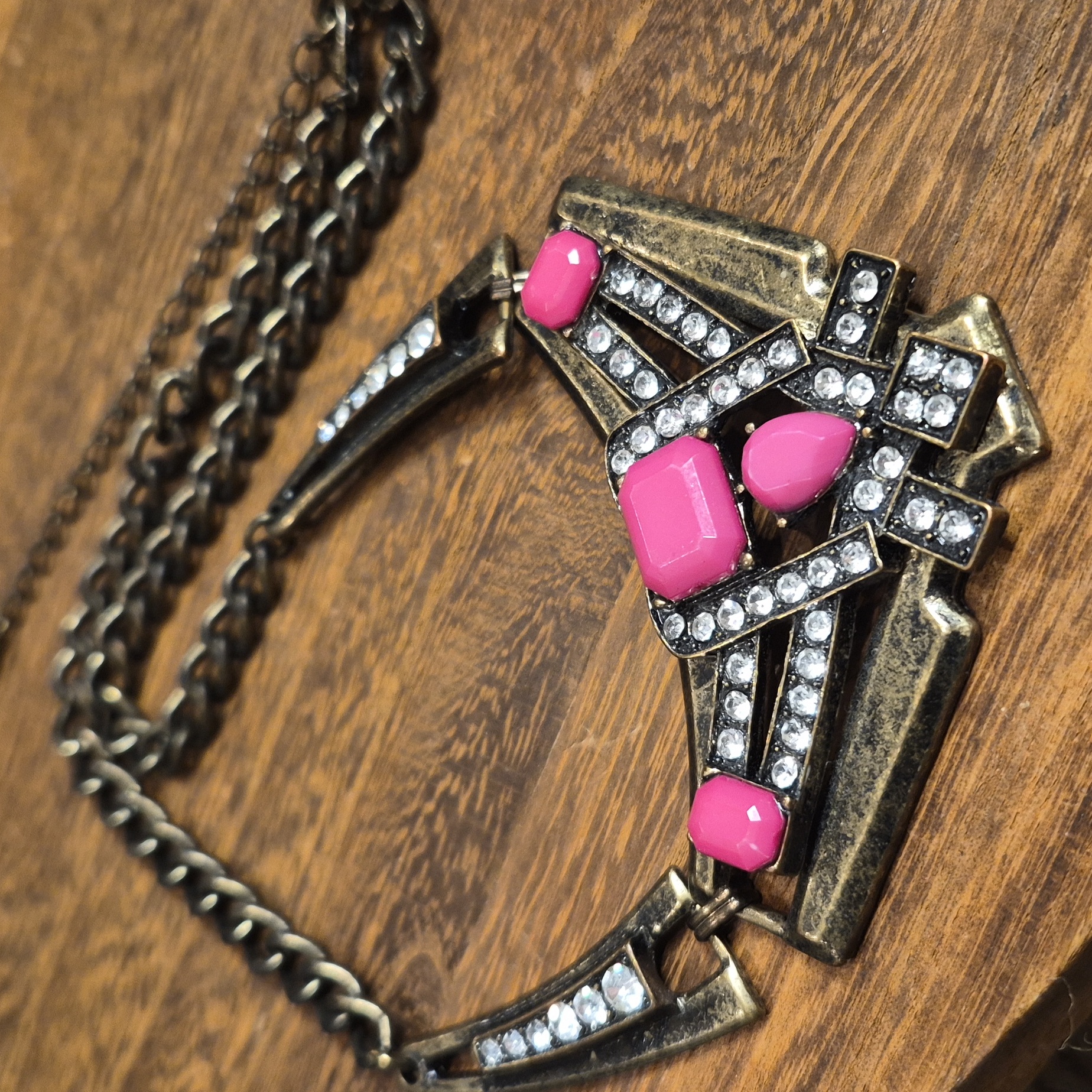 Antique Bronze Pink Clear Rhinestone Statement Necklace W Extender 15$
